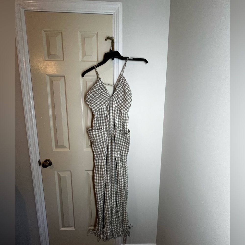 Free People Green and White Checkered Jumpsuit With Tie Back